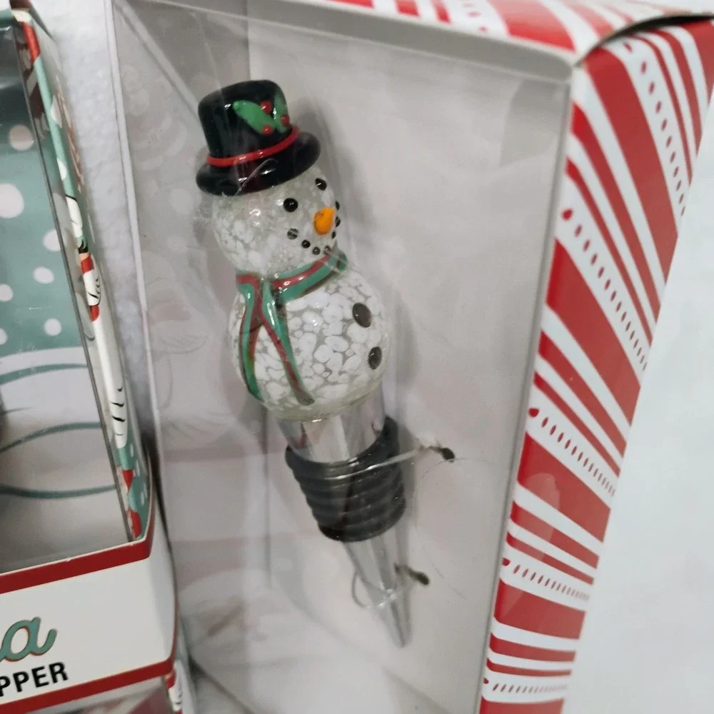 Lot of 2 Holiday Wine Bottle Stopper Santa Chimney and Snowman Christmas Decor K